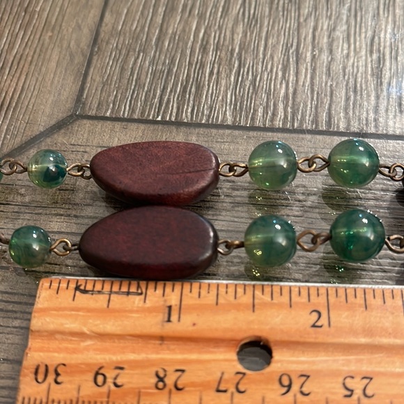 Vintage Avon Brown Wood & Acrylic Green Beaded Necklace with Round Medallion - Picture 11 of 15